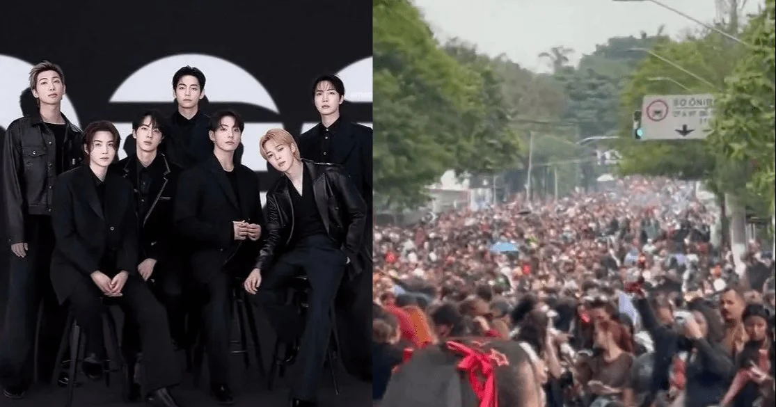 Fãs do BTS reunidos na região do estádio do Morumbi, em São Paulo, antes do primeiro show da turnê ARIRANG