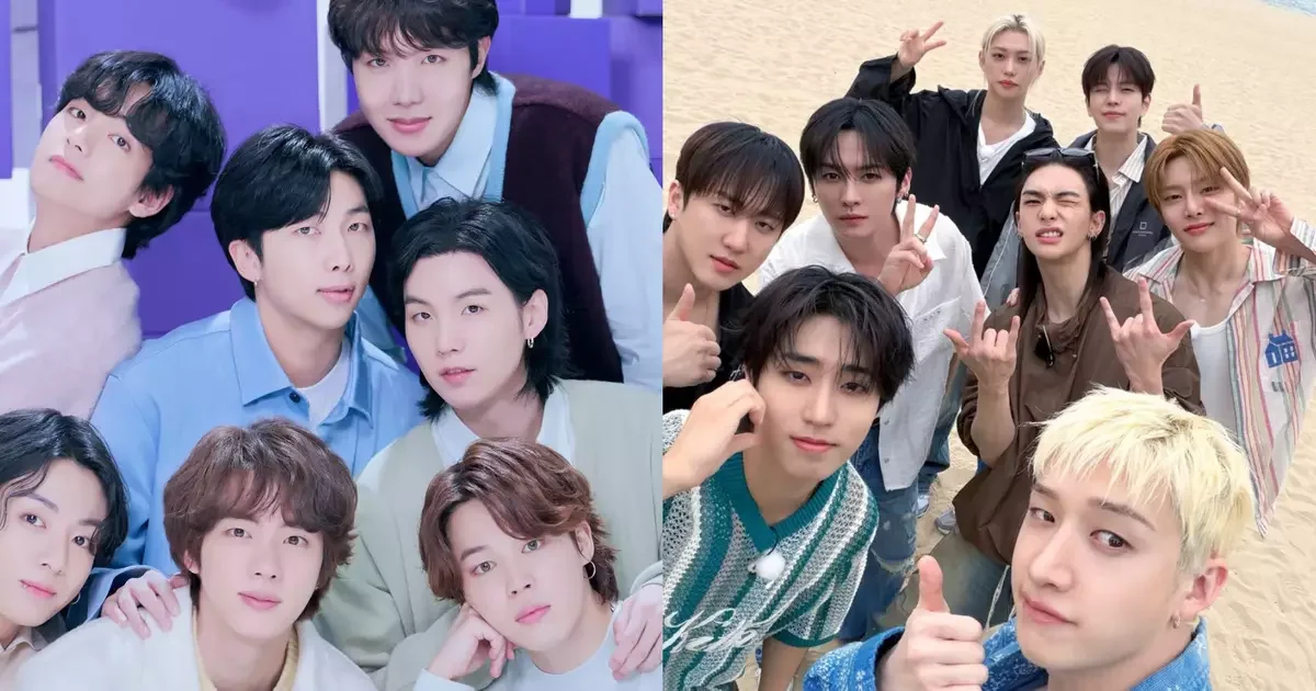Colagem com os integrantes do BTS à esquerda e do Stray Kids à direita