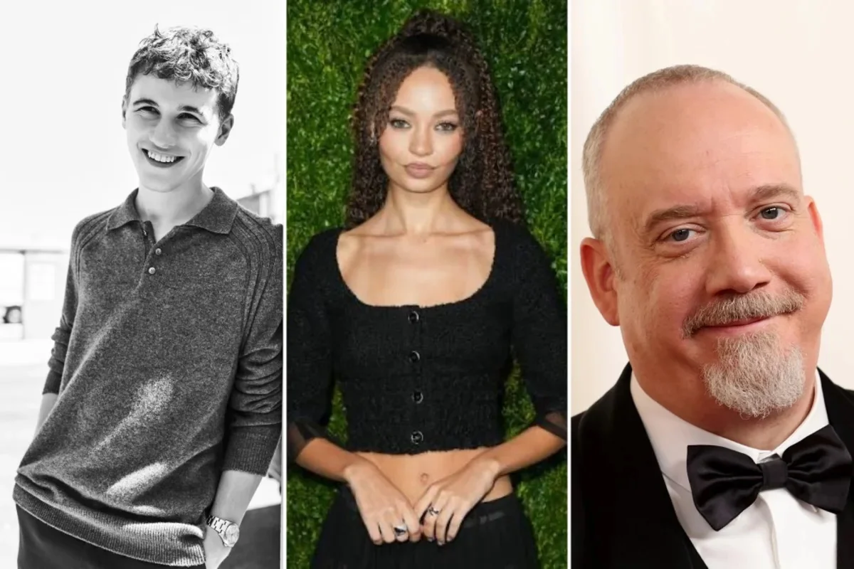Colagem com retratos de Sam Nivola, Nico Parker e Paul Giamatti