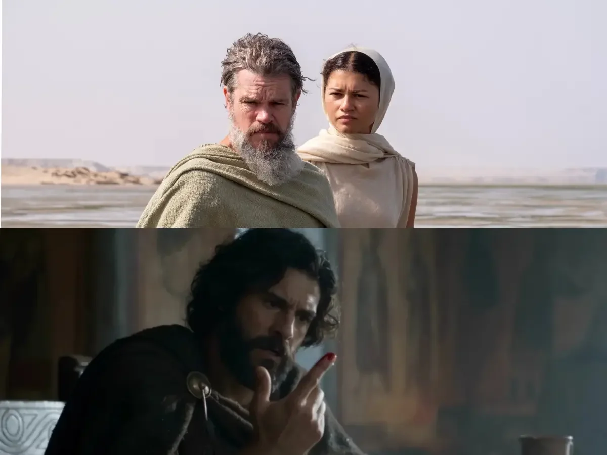 Montagem com Matt Damon e Zendaya no filme de Nolan, em cima, e um personagem do episódio feito por IA, embaixo