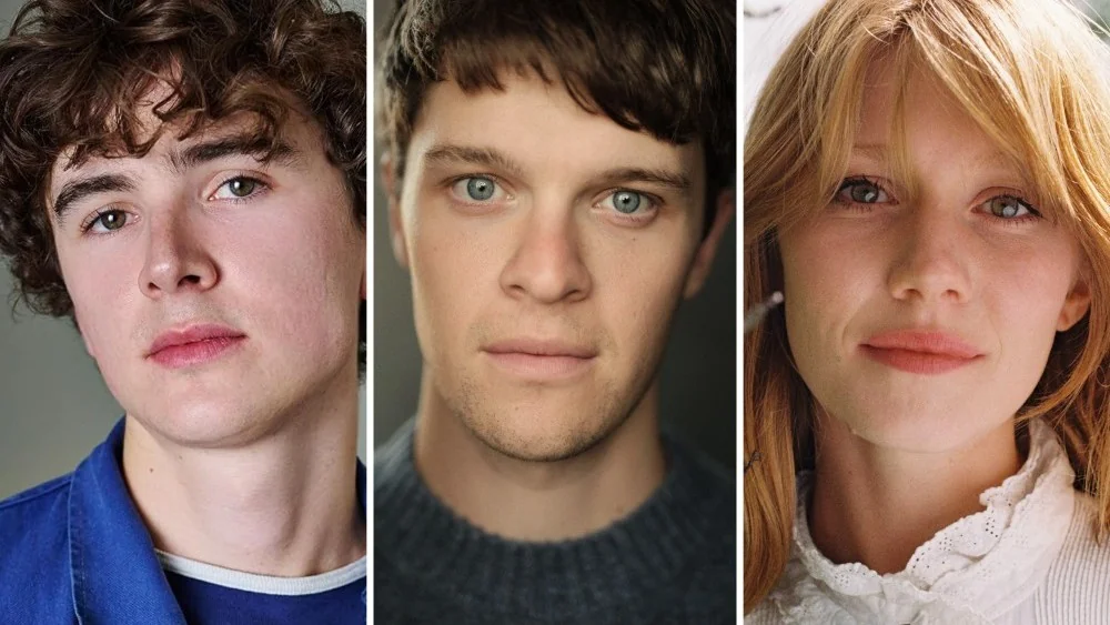 Retratos lado a lado dos atores escalados para os pais de Harry e para Carlinhos Weasley