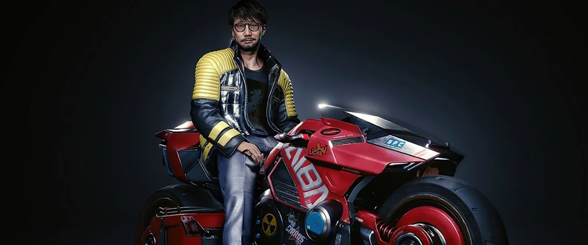 Hideo Kojima na arte de divulgação da participação em Cyberpunk: Mercenários