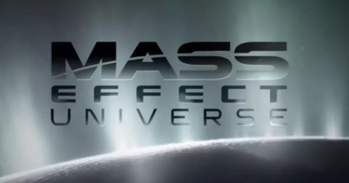 Logo de Mass Effect Universe sobre fundo cinza com um horizonte gelado