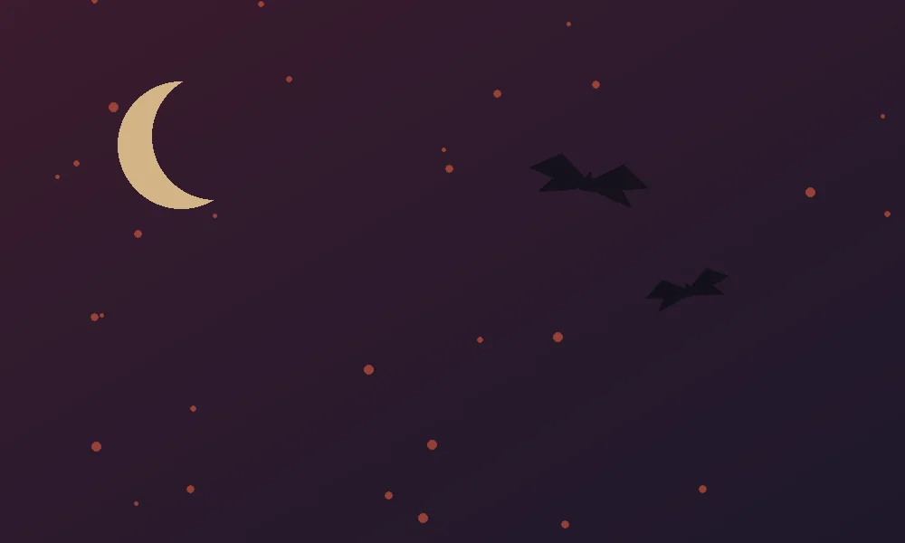 Ilustração de morcegos sobrevoando um céu em tons de vinho e coral