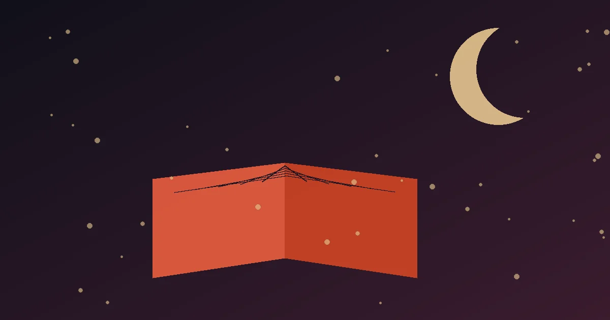 Ilustração de um livro aberto sob uma lua crescente